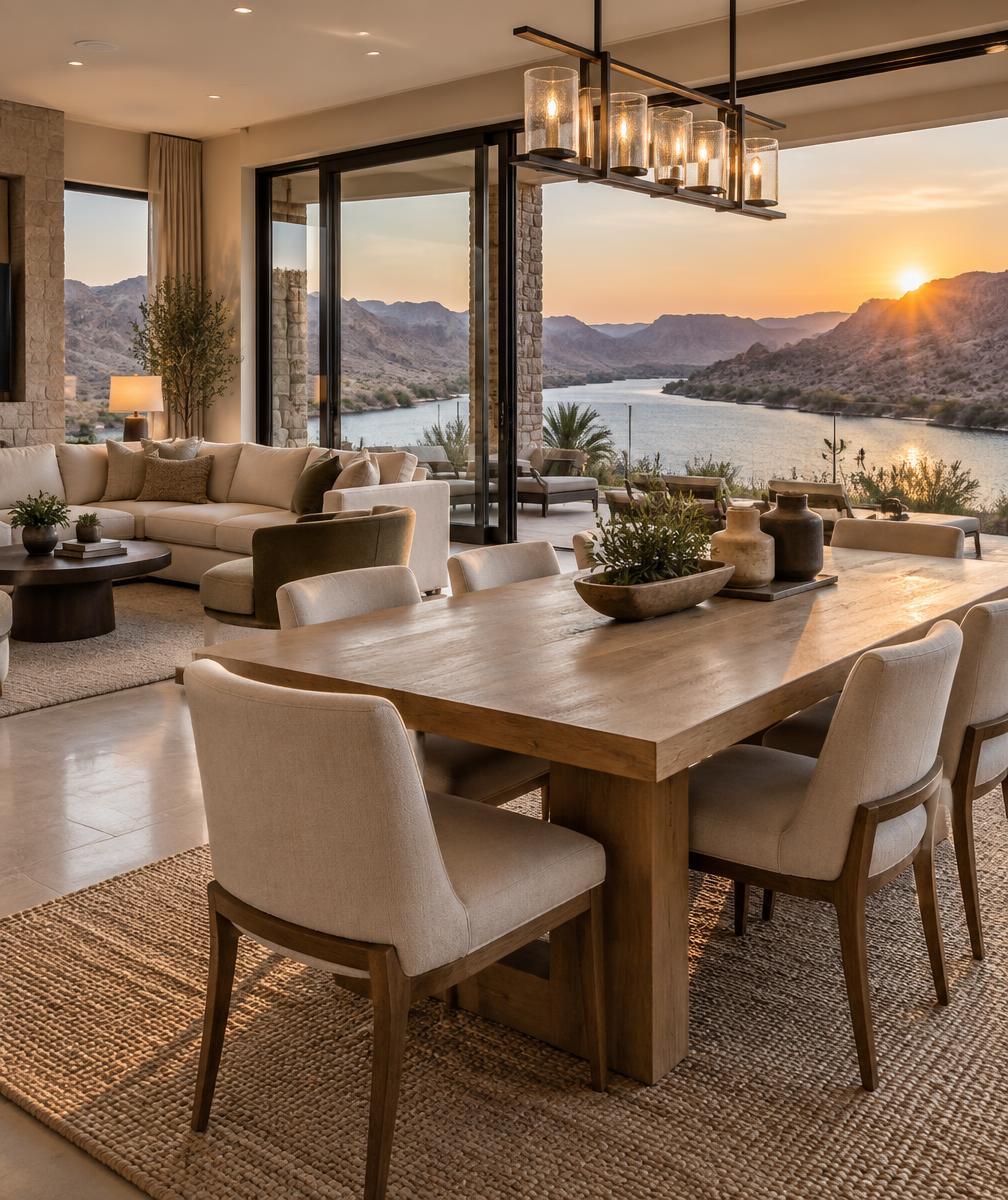 Styled riverfront vacation rental dining area